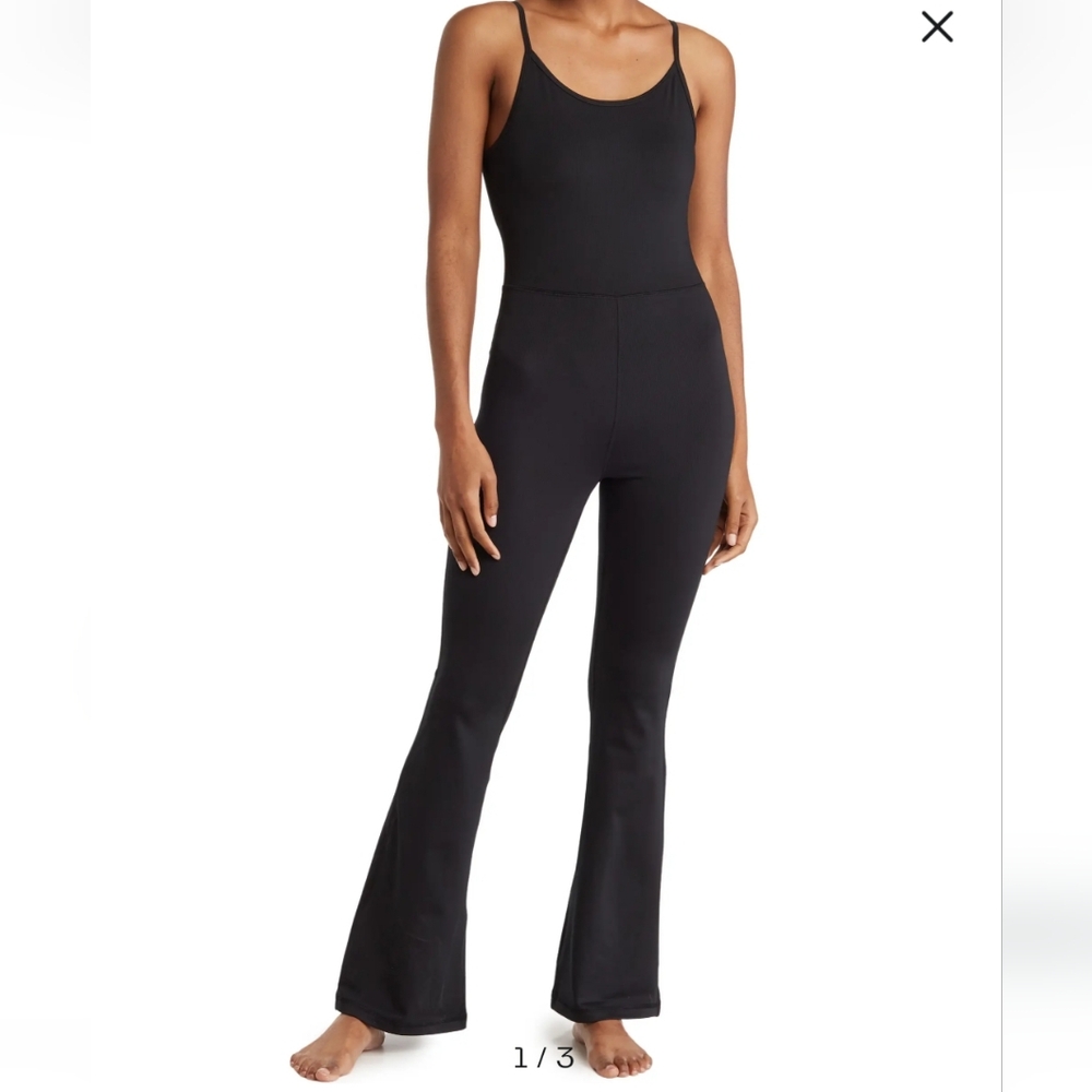 Yogalicious Lux Black Illusion Rib Scarlett Flare Jumpsuit Size XS